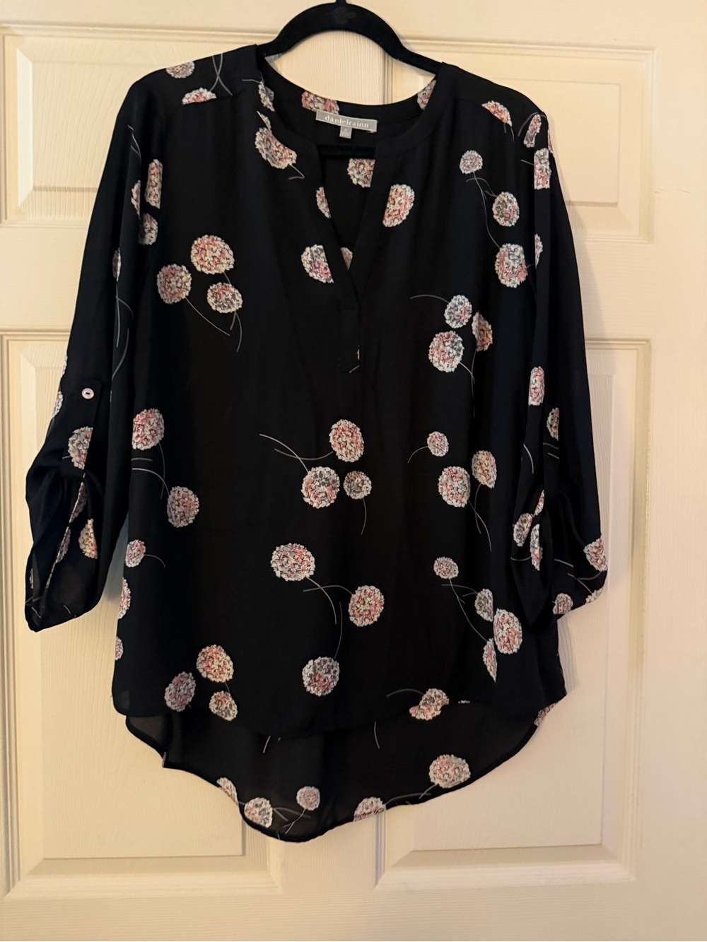 Daniel Rainn Nordstrom Black Floral Roll Tab Blouse XL